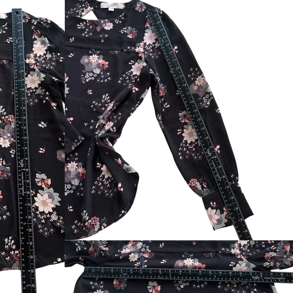 LOFT Women's S Black Pink Floral Bouquet Long Sleeve Cutout Casual Career Blouse